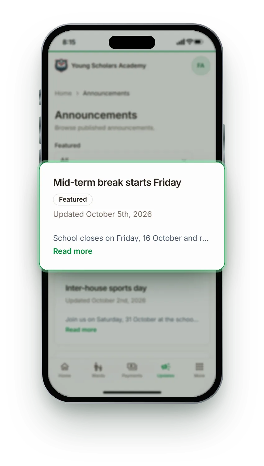 Parent announcements list with a featured announcement highlighted