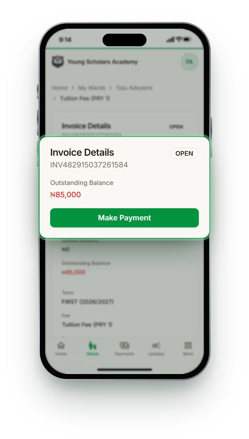 Parent invoice details with the outstanding balance and Make Payment button highlighted