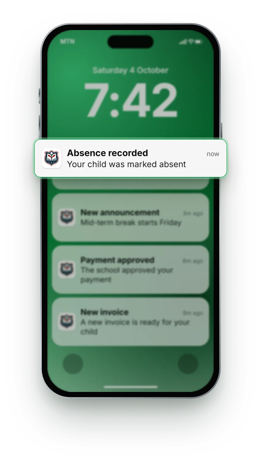Phone lock screen with SchoolApp notifications and the newest absence alert highlighted