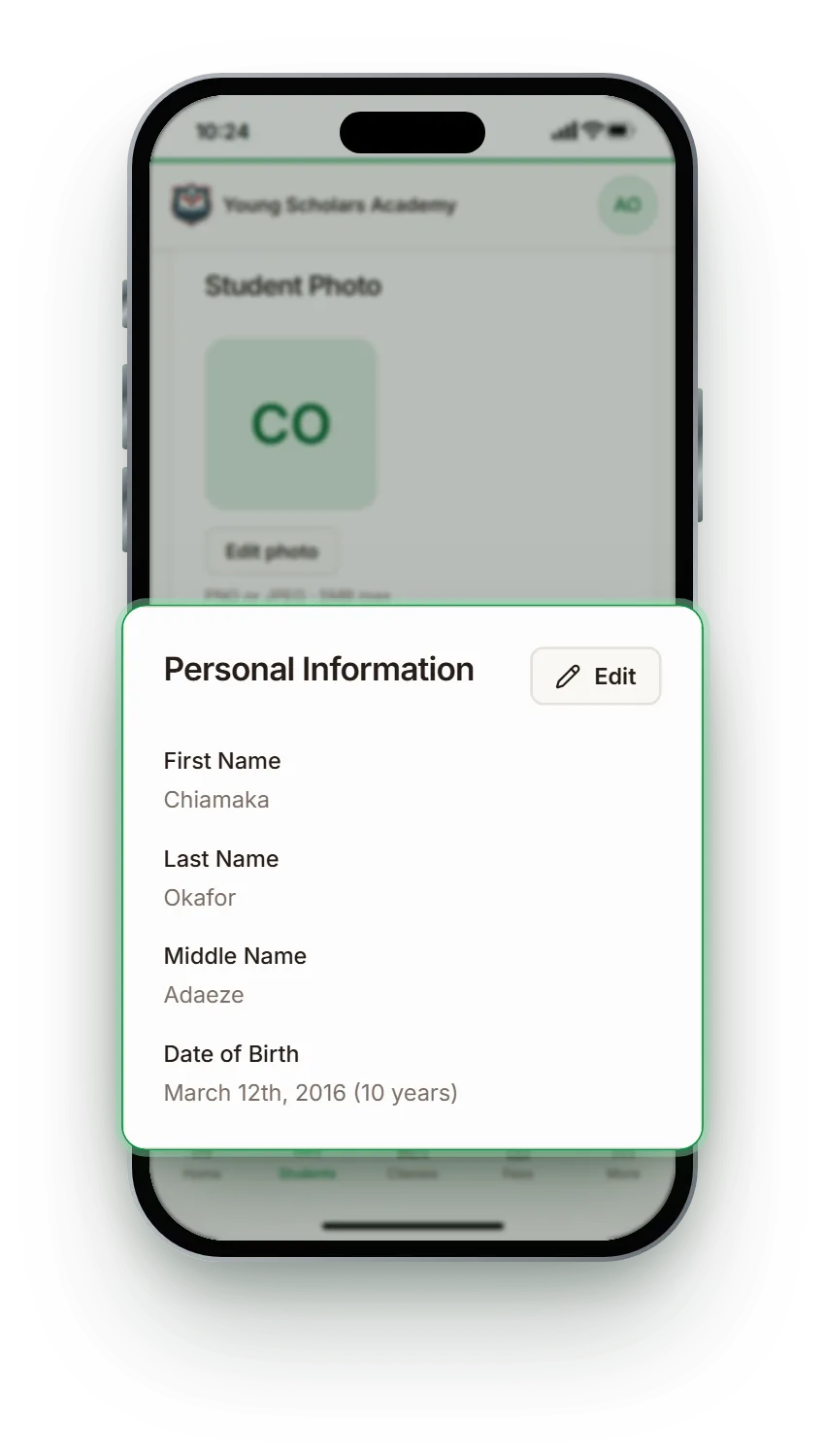 Student profile in SchoolApp with the Personal Information card highlighted