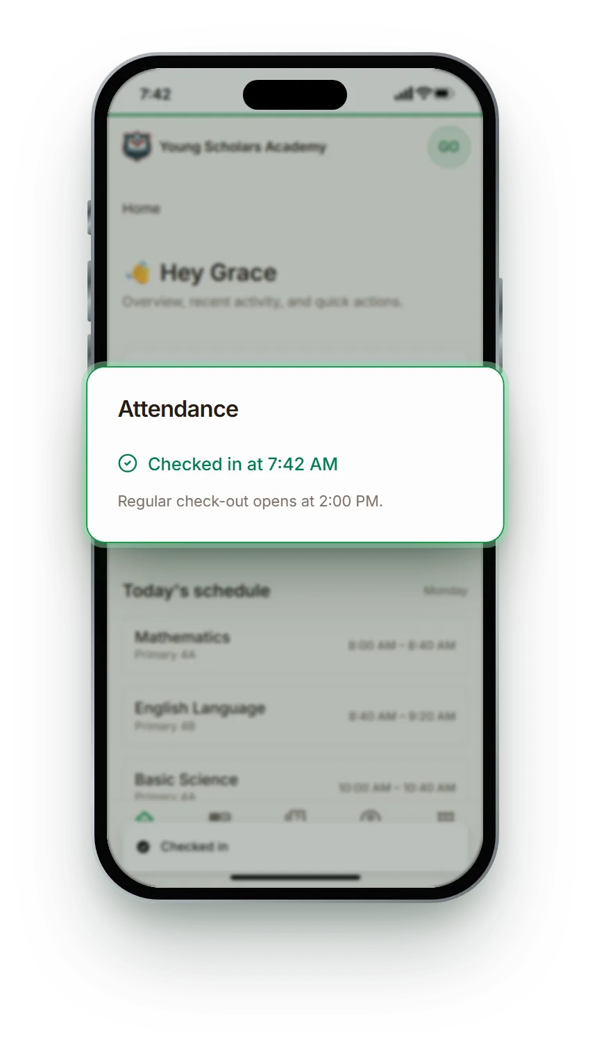 Teacher home screen with the "Checked in at 7:42 AM" attendance card highlighted